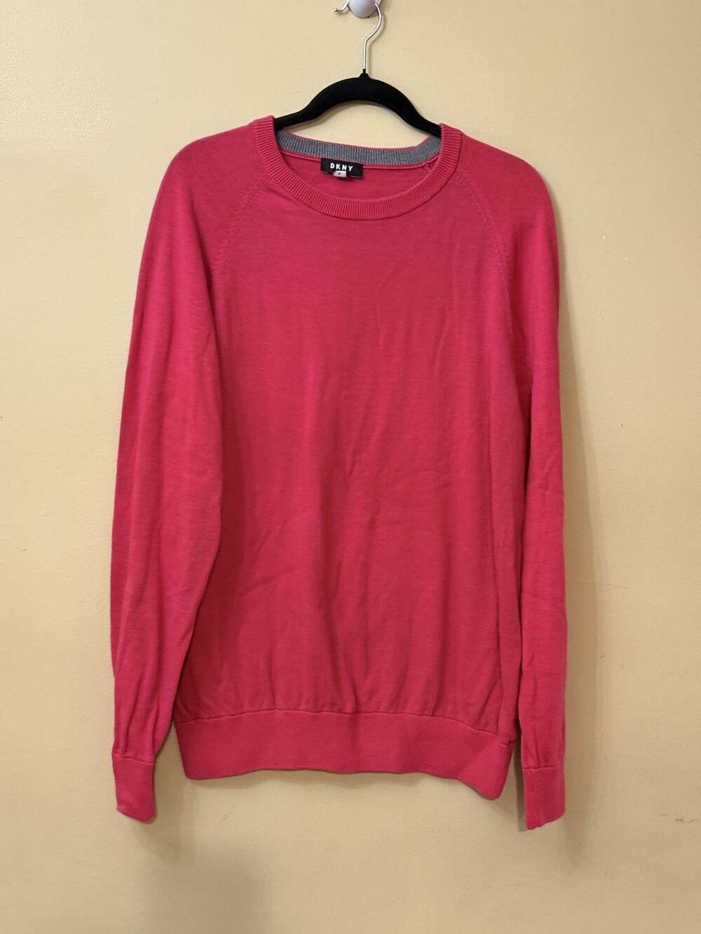DKNY Sweater Mens XL Pink Cotton Crewneck Long Sleeve Raglan Knit Preppy Classic